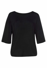 Zwart korteklossen top met een relaxte pasvorm, ronde hals en geplooide details op de schouders. Gemaakt van zachte, gladde stof.