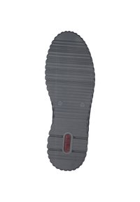 Semelle de chaussure en caoutchouc noir avec une texture striée, présentant une forme ovale et une légère courbure. Logo inséré près du centre.