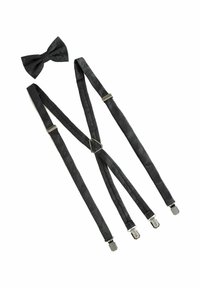 Mustad satiinist traksid paisley mustriga, millel on metallist klambrid ja sobiv kikilips, kõik ühtlase ja tekstuurse viimistlusega.