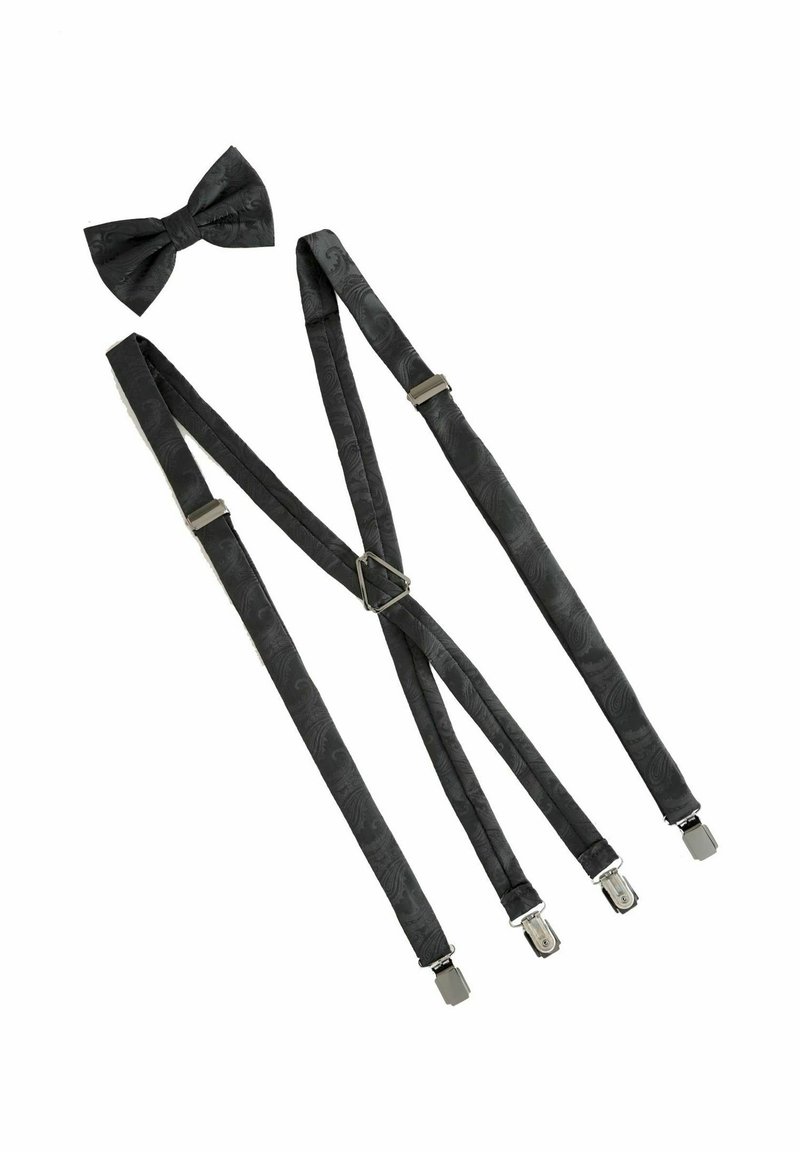 Mustad satiinist traksid paisley mustriga, millel on metallist klambrid ja sobiv kikilips, kõik ühtlase ja tekstuurse viimistlusega.