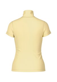 Short-sleeve yellow turtleneck top. Made of smooth fabric with a fitted shape. Features a high collar and minimal seam detailing.