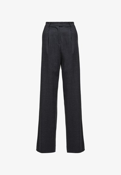 Tumši pelēki augstās jostas wide-leg bikses ar krokām un slēptu priekšējo aizdari, attēlotas uz baltā fona.