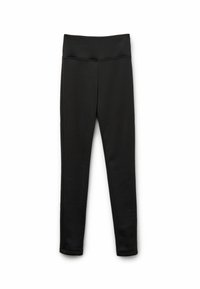 Svarta atletiska leggings gjorda av sträckbart materiale. Har en bred midja och slät yta, med en åtsittande design och inga synliga mönster.