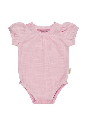 Rosa Kurzarm-Strampler für Babys mit strukturierter Stoffoberfläche, Druckknöpfen an Schultern und Schritt sowie gepufften Ärmeln.