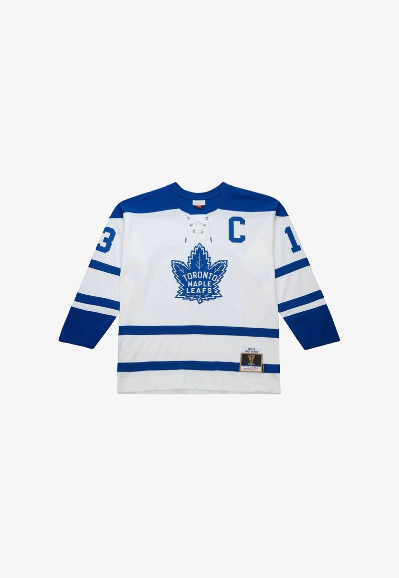 Eishockeytrikot der Toronto Maple Leafs in Weiß und Blau, mit langen Ärmeln, Schnürkragen, der Nummer 13, blauen Streifen und Teamlogo.