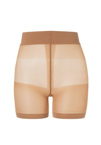 Shorts modellanti in rete nuda con una cintura elastica marrone liscia; design senza cuciture con pannelli trasparenti per un comfort ottimale.
