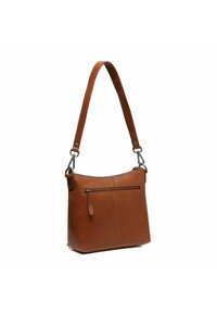 Borsa a spalla in pelle marrone con tracolla regolabile, tasca frontale con zip, texture liscia e cuciture dritte. Forma rettangolare compatta.