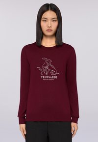 Frau in einem burgunderfarbenen Pullover mit einer weißen Linienzeichnung von zwei Hunden und dem Text "TRUSSARDI GENTLE SOCIETY" auf der Vorderseite, stehend vor einem einfarbigen Hintergrund.