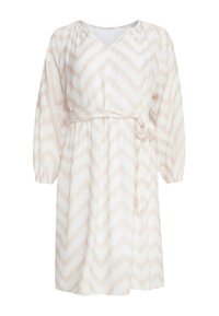 Cremfarbendes Kleid mit Zickzackmuster, langen Ballonärmeln, V-Ausschnitt und abnehmbarem Bindegürtel in der Taille. Strukturierte Stoff.