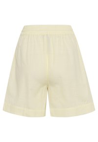 Yellow cotton shorts with an elastic waistband, featuring a straight cut and a smooth texture, designed for casual wear.