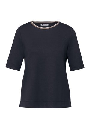 Donkerblauw T-shirt met korte mouwen en beige-witte bies rond de ronde halslijn, effen design.
