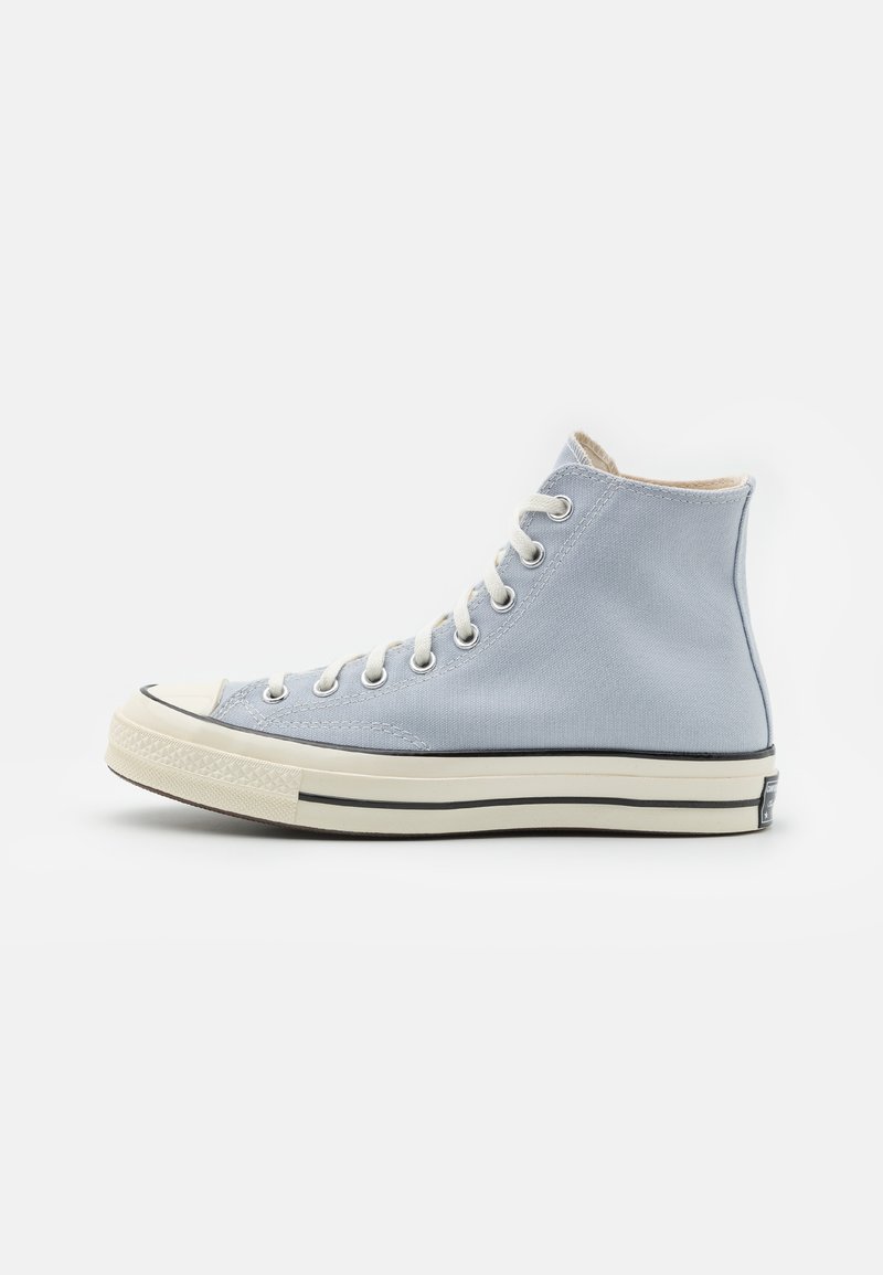 Light blue high-top sneaker made of canvas with white laces, rubber toe cap, and contrasting black stripe along the sole.