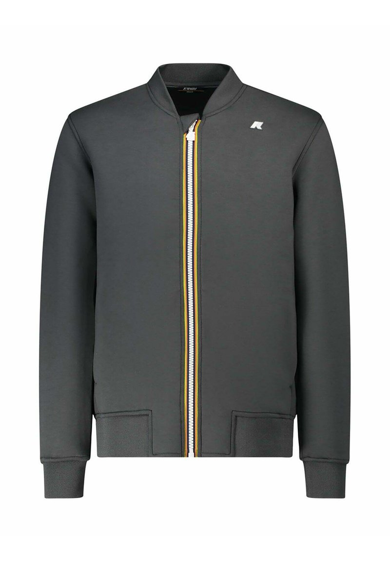 Giacca grigia con zip e colletto rialzato, caratterizzata da una zip con strisce bianche e gialle. Realizzata in tessuto liscio, con polsini e orlo a costine.