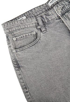 Graue Jeans aus Denim mit einem standardmäßigen Bund, zwei vorderen Taschen mit Nieten und einem strukturierten Stoff mit dezentem Glanz.