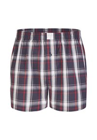 Pantaloni corti a quadri da uomo realizzati in tessuto leggero, con una base blu navy e motivi rossi e bianchi, cintura elastica e chiusura con bottone.