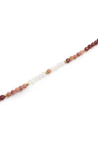 Perlenarmband mit runden, mehrfarbigen Steinen in Rosa, Weiß und Rot, unterbrochen von kleinen goldfarbenen Akzenten.