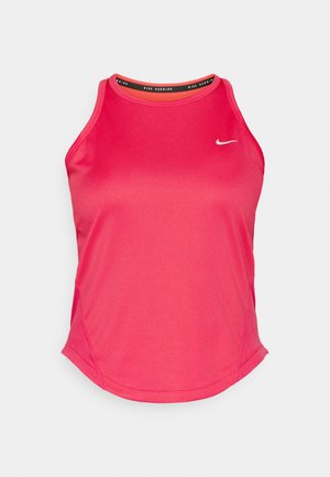 Lys rosa ermeløs Nike løpetopp med en liten hvit swoosh-logo på brystet og "Nike Running" trykt inni kragen.