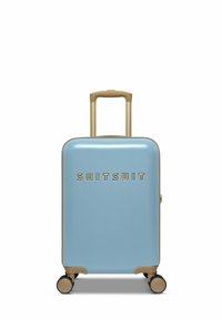 Harde koffer in lichtblauw met een gouden handvat en accenten, voorzien van vier zwarte wielen en de merknaam "SUITSUIT" in gouden letters.