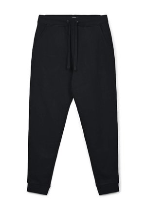 Pantaloni della tuta neri realizzati in materiale morbido, dotati di una vita elastica con cordoncino, due tasche laterali e polsini aderenti.