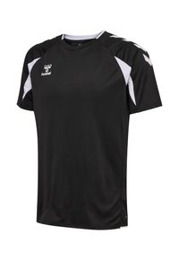 Sort sportstrøje med hvide accenter på skuldre og ærmer, med hummel-logo på øverste venstre bryst.