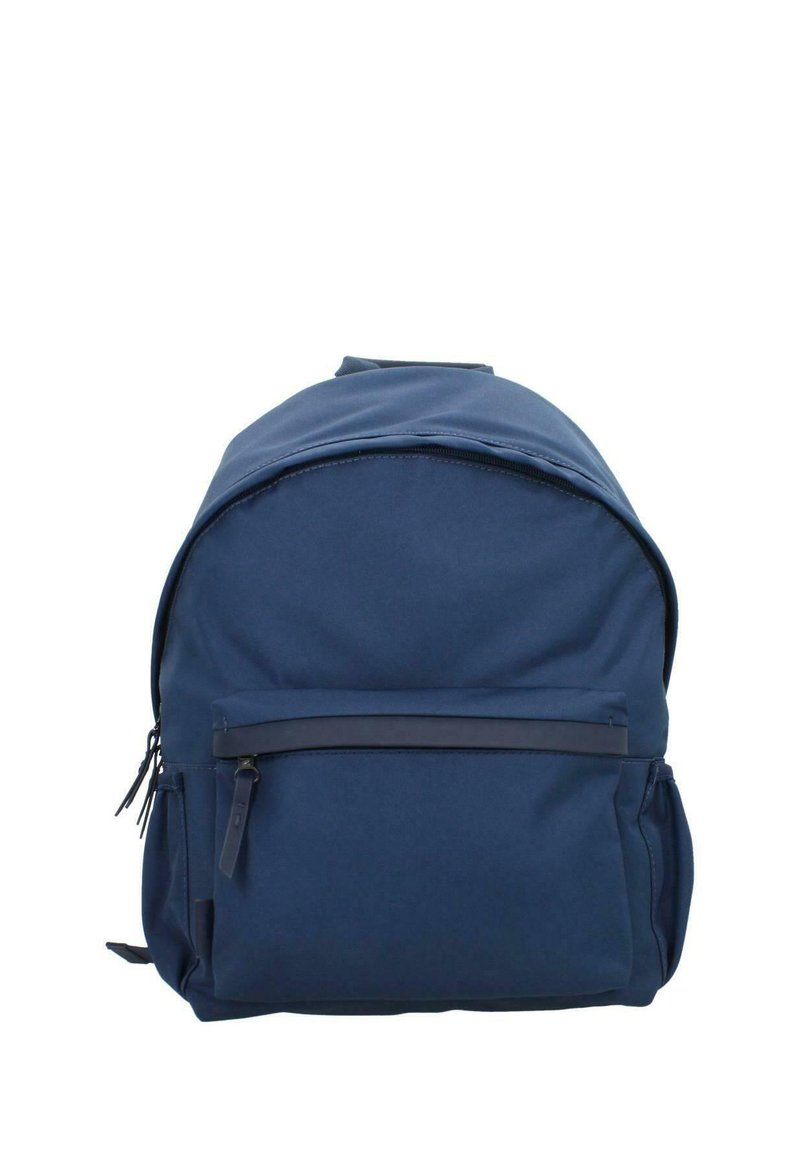 Navy blue nylon backpack with a rounded shape, a zippered main compartment, and a front pocket. Smooth texture, minimal hardware accents.