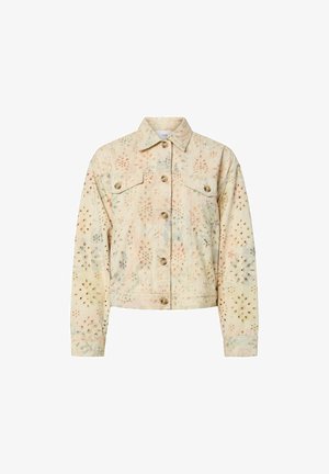 Lichtbeige jas met knopen en een subtiel bloemmotief, twee borstzakken met knopen en een klassieke kraag.