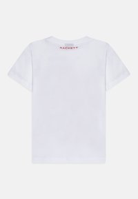 White cotton t-shirt with short sleeves, featuring a round neckline and red "HACKETT" branding on the upper back. Smooth texture.