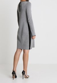 Robe grise à manches longues avec un panneau latéral noir et un détail de nœud au dos, présentant une texture lisse et une silhouette en A. Associée à des talons hauts noirs.