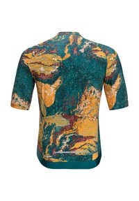 Mehrfarbiges kurzärmliges Hemd mit einem marmorierten Muster in Teal, Gelb und Burgunder. Glattes Material, runder Halsausschnitt und gerader Saum.