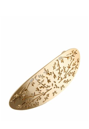 Goldfarbene ovale Haarspange mit lasergefrästen floralen Zweigmustern, die ein zartes, filigranes Design schaffen.