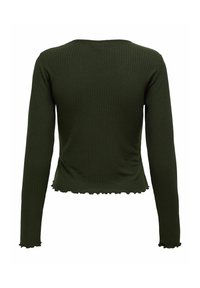 Langärmliges, geripptes Oberteil in Dunkelgrün mit einem geschwungenen Ausschnitt und einer wellenförmigen Saumlinie am unteren Rand und an den Ärmeln.