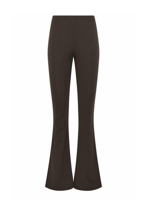 Dunkelbraune, eng anliegende Hose mit hoher Taille und ausgestellten Beinen, dargestellt vor einem schlichten weißen Hintergrund.