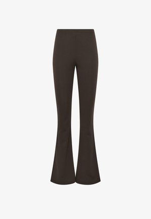 Pantalon moulant marron foncé à taille haute avec jambes évasées, présenté sur un fond blanc uni.