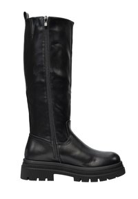 Zwarte leren kniehoge laars met een ritssluiting aan de zijkant, grove rubberen zool, ronde neus en een gladde textuur. Heeft minimale stiksels en een trekkoord.