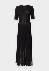 Crna pletena haljina s rebrastom teksturom, kratkim rukavima i siluetom do poda. Ima suptilan sjaj i okomite pruge kao detalj.