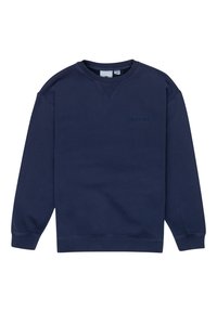 Felpa blu navy con colletto a girocollo, polsini e fondo a coste, e un sottile logo in rilievo sul davanti. Realizzata in tessuto morbido.