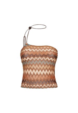 Crop top monospalla in maglia con motivo a zigzag in tonalità marroni, beige e blu, con una sottile bretella regolabile con perla.