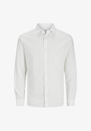 Fehér, hosszú ujjú ing, amely lenből készült. Állítható gallérral, gombos elülső résszel és felhajtott ujjaival rendelkezik. Az anyag sima textúrájú, minimális díszítéssel.