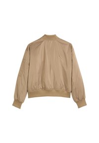Beige Bomberjacke von hinten gezeigt, aus einem glatten, glänzenden Material mit geripptem Kragen, Bündchen und Saum sowie seitlichen Taschen.