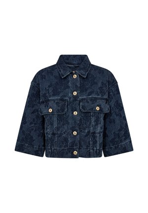 Jeansowa kurtka w ciemnoniebieskim kolorze z kwiatowym wzorem, z kołnierzem, zapięciem na guziki i dwoma przednimi kieszeniami. Krótki fason z szerokimi rękawami.