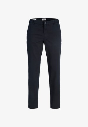 Tumesinised puuvillasest materjalist chinos-püksid, millel on nööpkinnitus, kitsenevad säärised ja küljetaskud. Sile tekstuur ja minimalistlik disain.