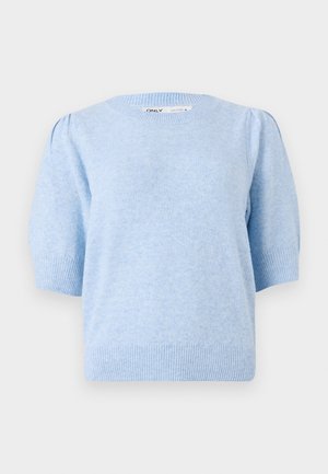 Világoskék kötött pulóver kerek nyakkal, rövid puffujjakkal és bordás hem kialakítással. Puha textúra, enyhén melírozott mintázattal.