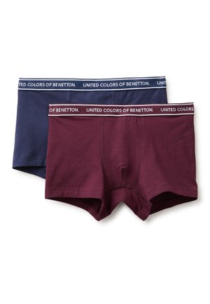 Zwei Paar Herren-Boxershorts in Marineblau und Burgunder, jeweils mit einem elastischen Bund mit Markenaufdruck "United Colors of Benetton."