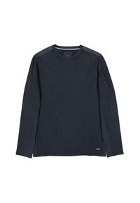 Marineblaues Langarmshirt aus strukturiertem Stoff, mit gerippten Akzenten an den Schultern und einem runden Ausschnitt. Seitenschlitze am Saum.