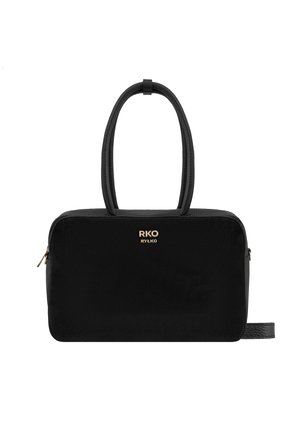 Black rectangular handbag with two rounded handles, sleek texture, gold logo on front, and a zip closure with side accent strap.