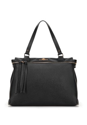 Schwarze Lederhandtasche mit strukturiertem Finish, ausgestattet mit kurzen Griffen, goldenem Reißverschluss und dekorativen Quasten an der Seite.