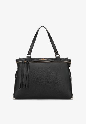 Schwarze Lederhandtasche mit strukturiertem Finish, ausgestattet mit kurzen Griffen, goldenem Reißverschluss und dekorativen Quasten an der Seite.