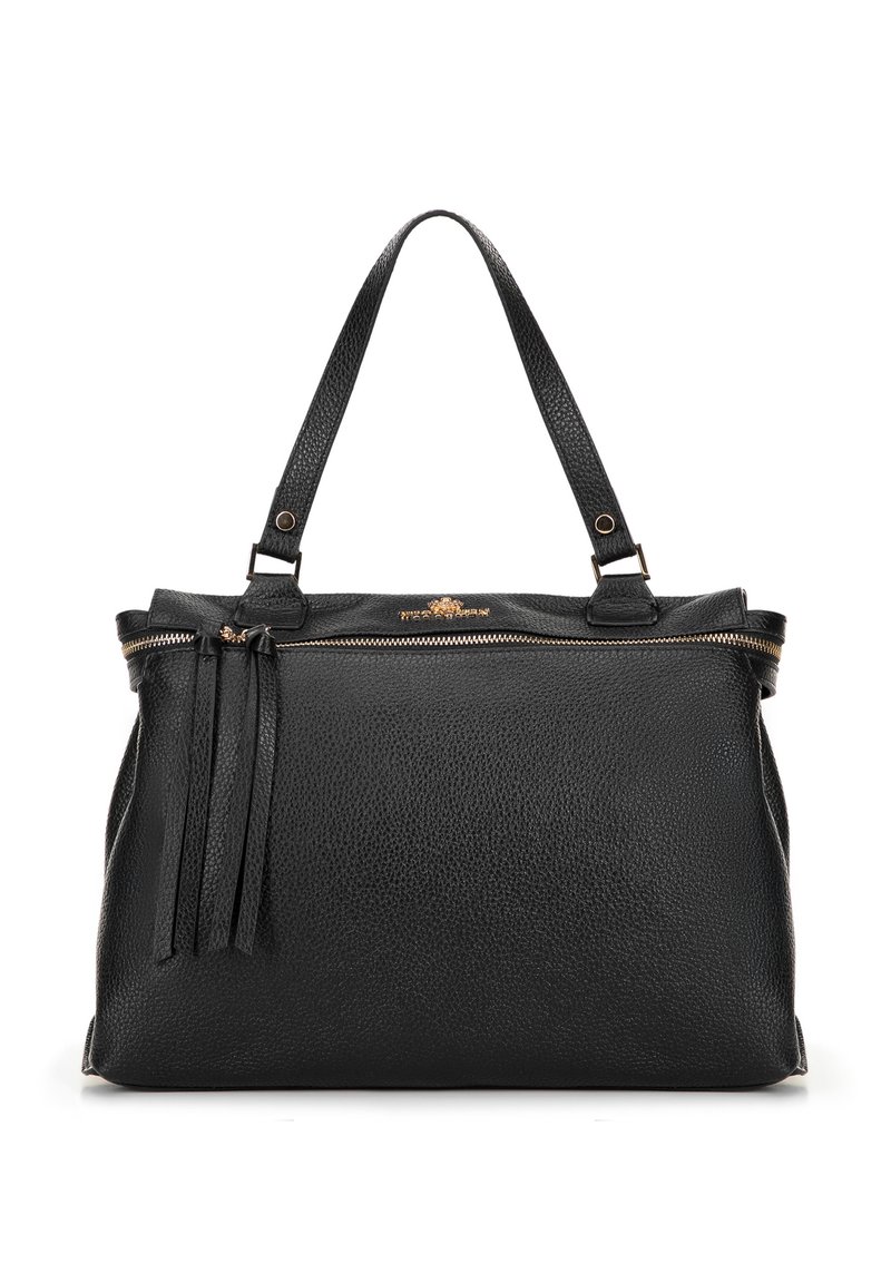 Borsa a tracolla nera in pelle con finitura texturizzata, dotata di manici corti, zip dorata e nappine decorative ai lati.