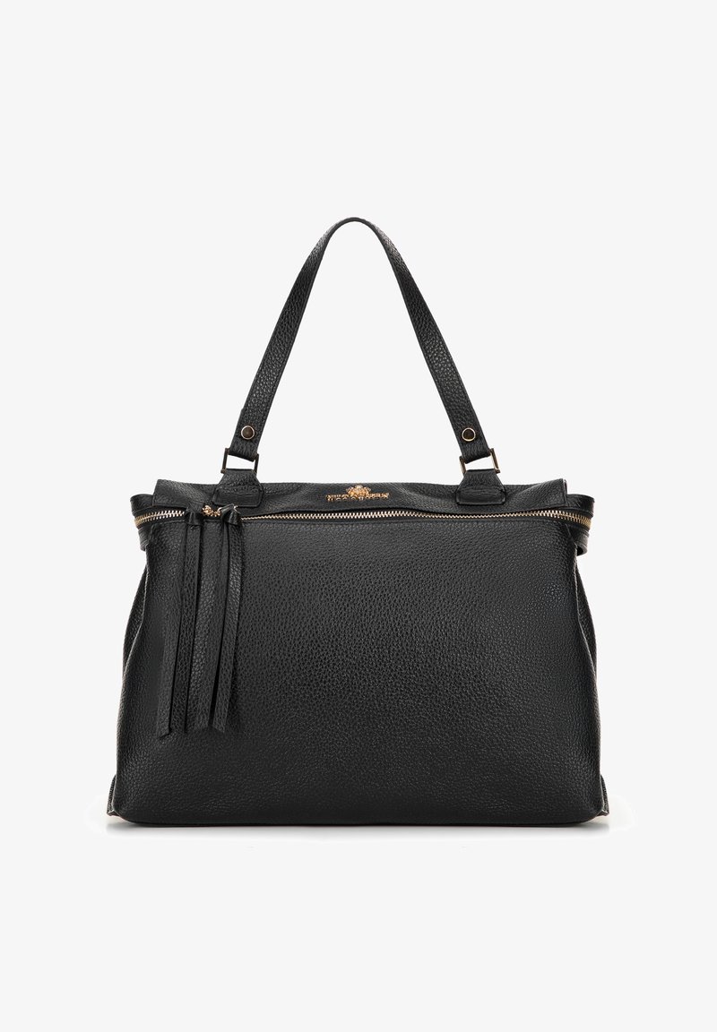 Zwarte leren handtas met een gestructureerde afwerking, voorzien van korte hengsels, een gouden rits en decoratieve kwastjes aan de zijkant.