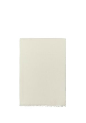 Zachte rechthoekige sjaal in crèmekleur met een lichte franjes langs één rand, plat weergegeven op een witte achtergrond.
